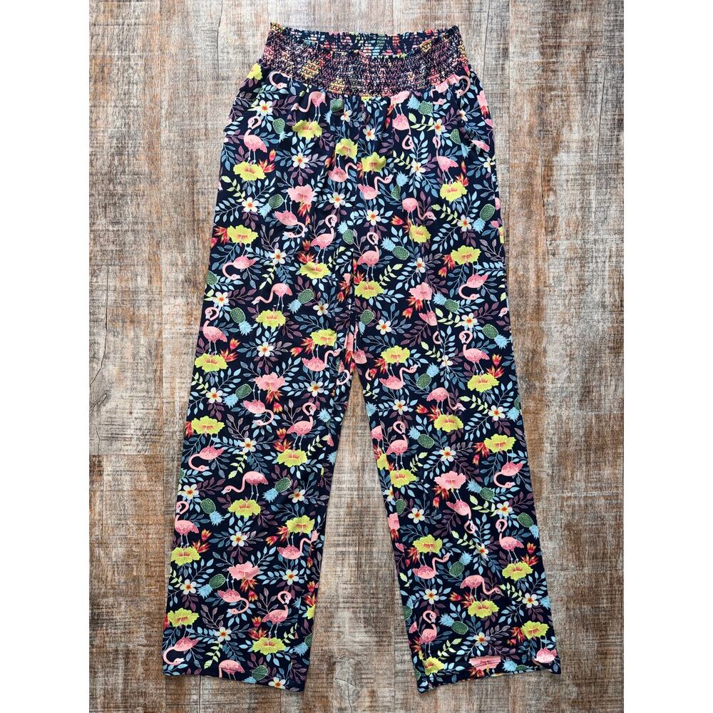 Blue Flamingo and Floral Tropical Lounge Pajama Pants Elastic Waist Pull On Med